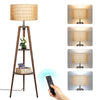 OUTON Boho Rattan Tripod Floor Lamp with Shelves, Dimmable Standing Lamp with Remote Control,Wood Tall Floor Lamps for Living Room Bedroom Office Farmhouse (Bulb Included)