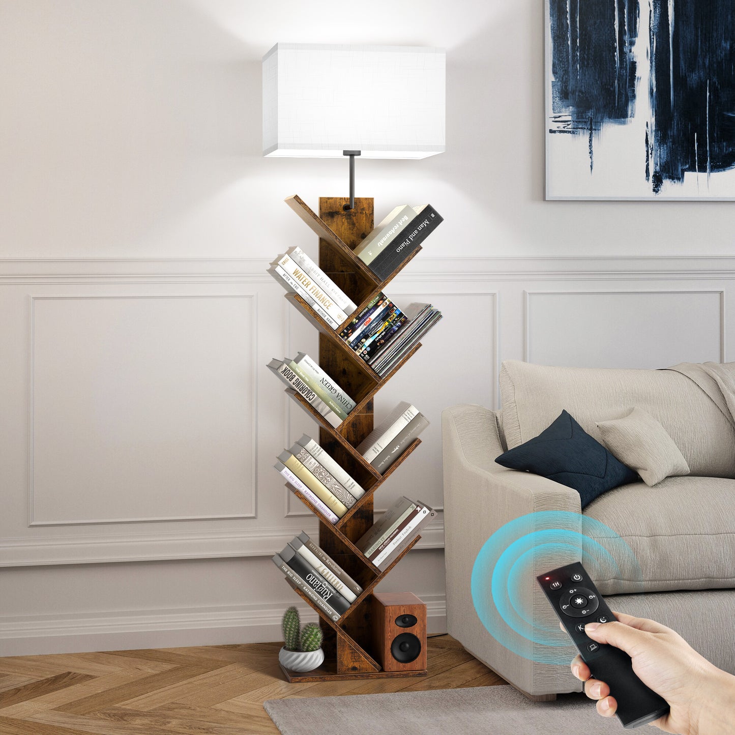 OUTONLIFE Floor Lamp with Remote,Tree Bookshelf with Light, 9-Tier Floor Standing Bookcase for Living Room Bedroom, Office, Walnut