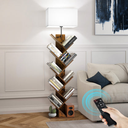 OUTONLIFE Floor Lamp with Remote,Tree Bookshelf with Light, 9-Tier Floor Standing Bookcase for Living Room Bedroom, Office, Walnut