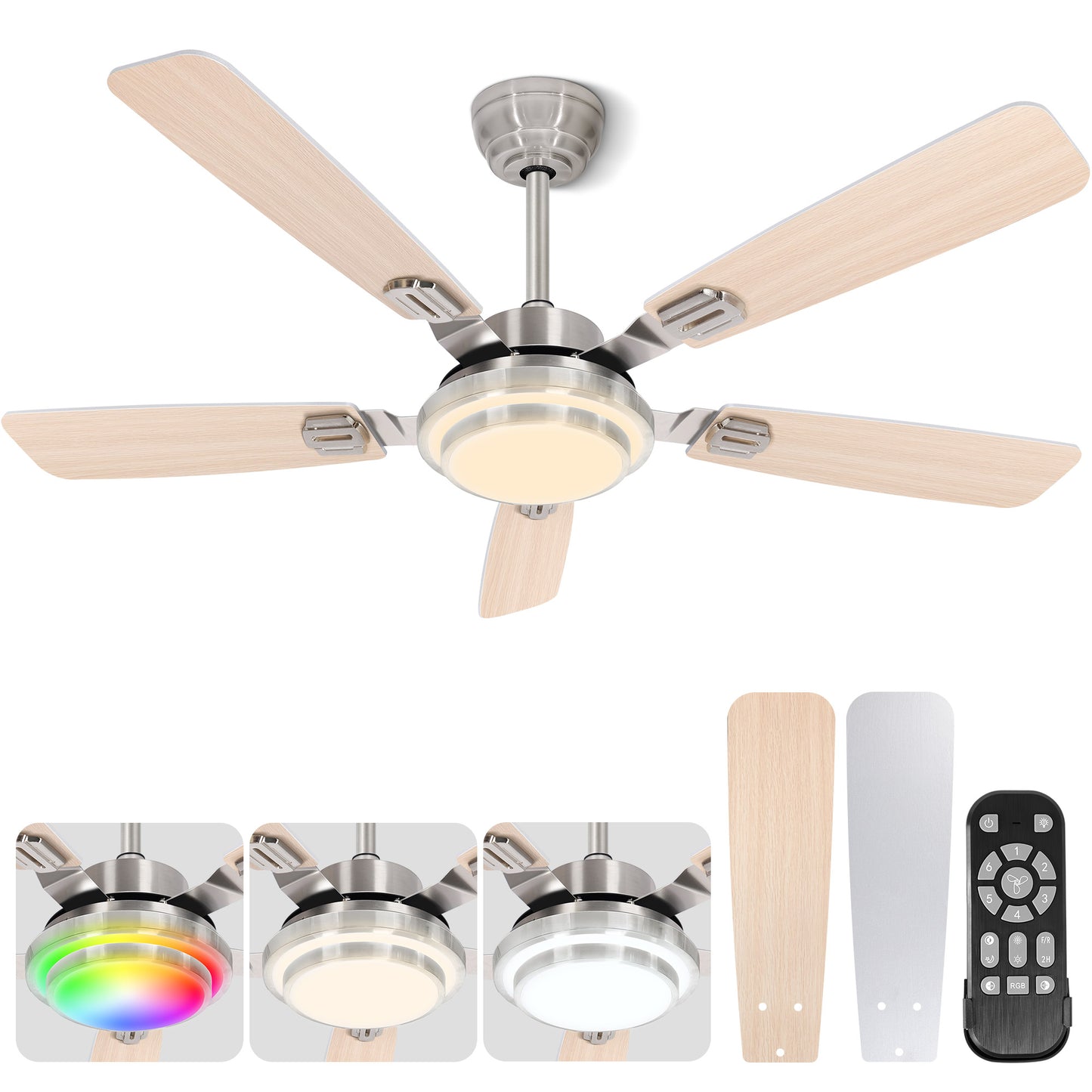 OUTON 52" Ceiling Fans with Light Remote Control, 6-Speed Reversible DC Motor Ceiling Fans, Dimmable Modern Ceiling Fan for Bedroom, Living Room,Wood