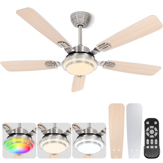 OUTON 52" Ceiling Fans with Light Remote Control, 6-Speed Reversible DC Motor Ceiling Fans, Dimmable Modern Ceiling Fan for Bedroom, Living Room,Wood
