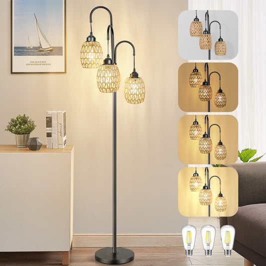 OUTON 69 Inch 3 Light Rattan Floor Lamp, Dimmable Tall Standing Lamp, Tree Floor Lamps with 3 LED Bulbs for Living Room, Bedroom