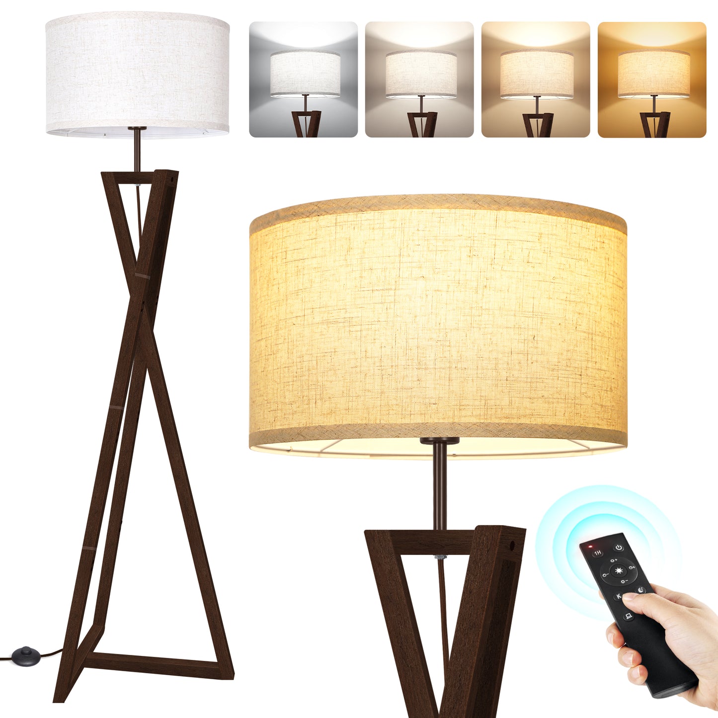 OUTON Wood Tripod Floor Lamp with Shelves, Dimmable Standing Lamps with Remote Control, Modern Shelf Floor Lamp for Living Room, Bedroom, Office, LED Bulbs Included, Black