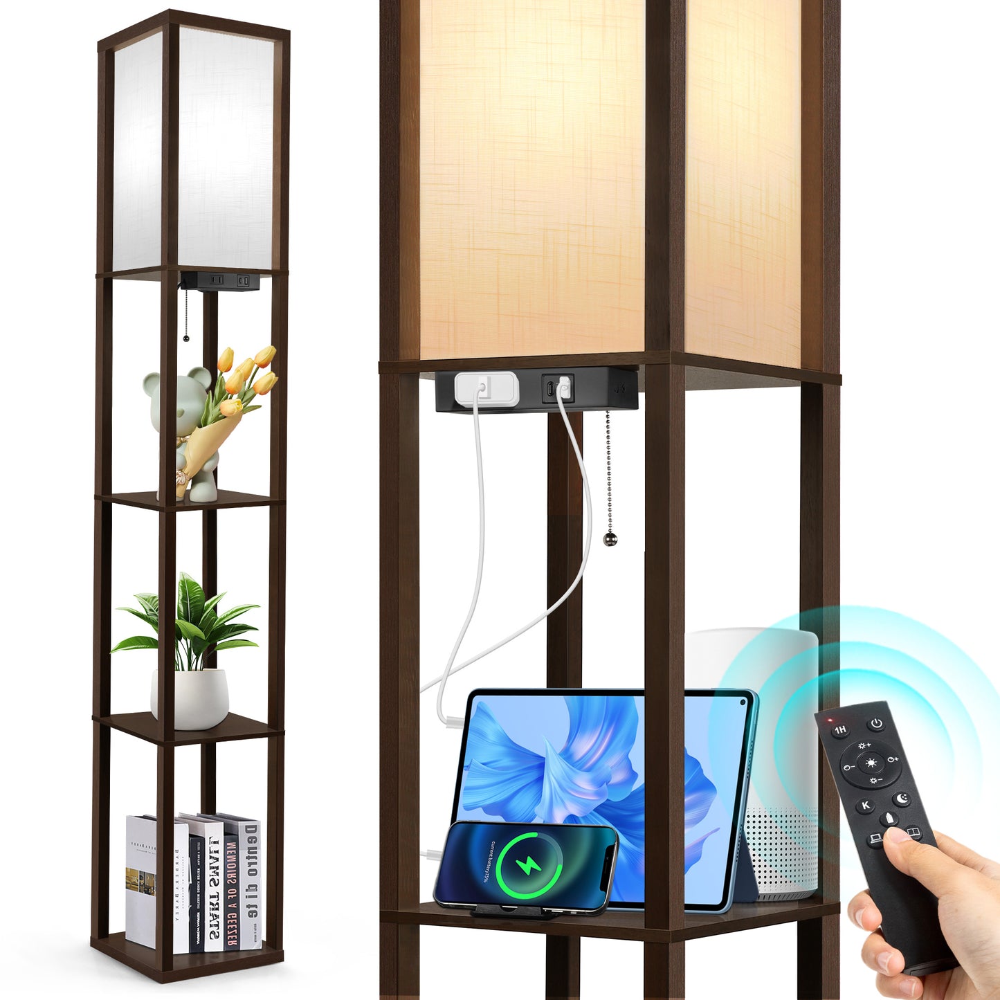 OUTON Dimmable Floor Lamp with Shelves, USB Ports & Power Outlet, Remote, 63.7'' Standing Tall Wood Shelf Lamp for Living Room, Bedroom, Brown