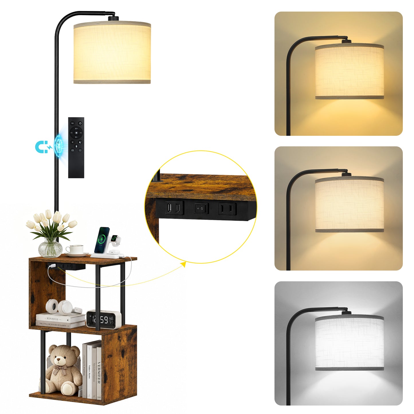 OUTONLIFE Floor Lamp with Table, Narrow Side Table with USB-A/USB-C Charging Station and AC Port, 3 Color Temperatures 12W LED Bulb, End Table for Bedroom, Living Room and Home Office