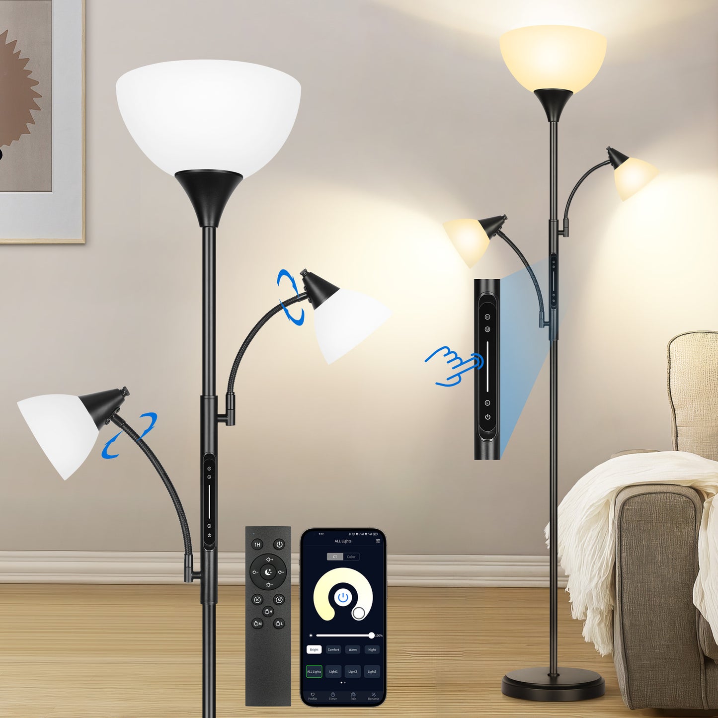 OUTON Dimmable Floor Lamp with 2 Reading Lights, LED Torchiere Standing Lamp with Remote Control, APP, Color Changing Tall Lamp for Living Room, Bedroom (Black)