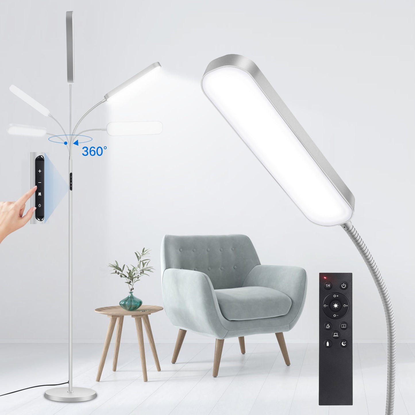 OUTON LED Floor Lamp with Remote Touch Control Adjustable Standing Reading Light with 4 Color Temperature for Living Room Silver
