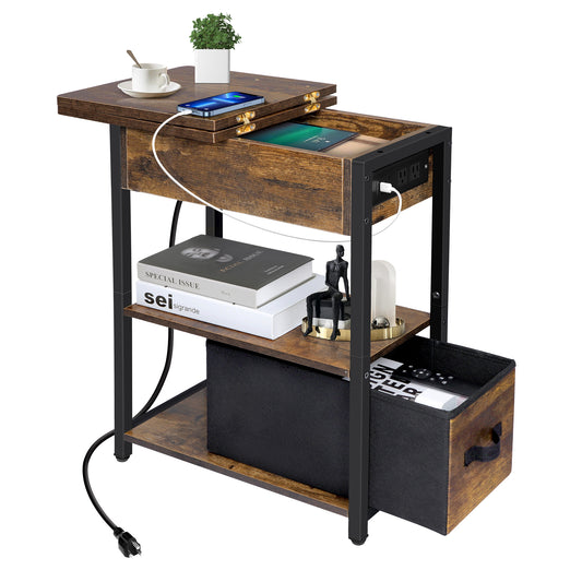 OUTONLIFE End Table with Storage Shelf & Fabric Drawer, 2 Tiers Nightstand Bedside Table Organizer, Modern Side Table for Bedroom, Living Room, Office