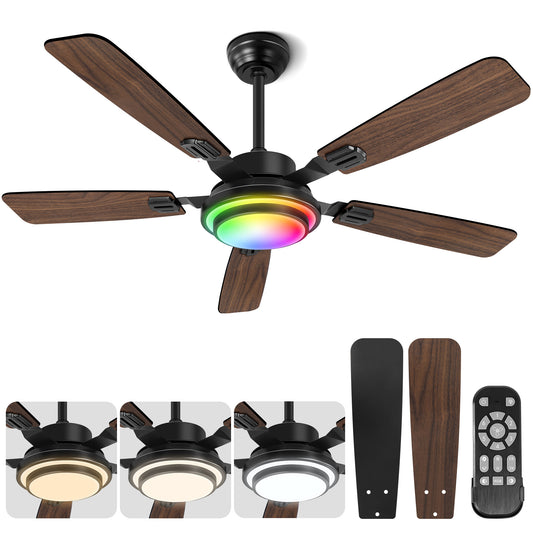 OUTON 52" Ceiling Fans with Light Remote Control, 6-Speed Reversible DC Motor Ceiling Fans, Dimmable Modern Ceiling Fan for Bedroom, Living Room,Walnut