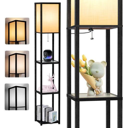 OUTON 65" Floor Lamp with Shelves, 3-Tier Wood Modern Standing Lamp with 3 Adjustable Color Temperature, Corner Display Bookshelf for Living Room Bedroom, LED