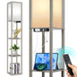 OUTON Floor Lamp with Shelves and Charging, 63.7'' Dimmable Standing Tall Wood Shelf Lamp with Remote for Living Room, Bedroom, Grey