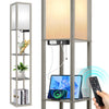 OUTON Floor Lamp with Shelves and Charging, 63.7'' Dimmable Standing Tall Wood Shelf Lamp with Remote for Living Room, Bedroom, Grey