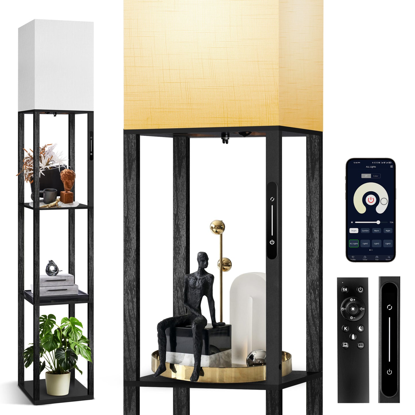 OUTON Floor Lamp with Shelves, Dimmable Standing Lamp with Remote & Touch Control & APP, 4 Color Temperature with Linenshade for Living Room, Bedroom, Black
