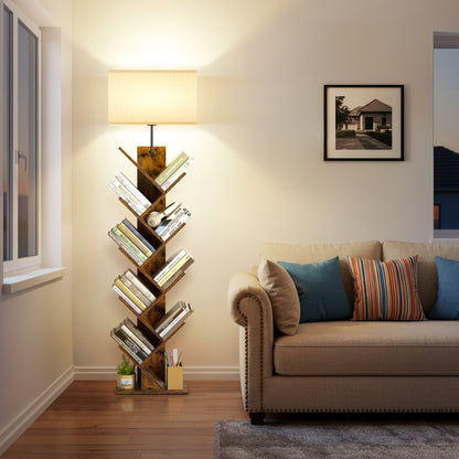 OUTONLIFE Floor Lamp with Remote,Tree Bookshelf with Light, 9-Tier Floor Standing Bookcase for Living Room Bedroom, Office, Walnut