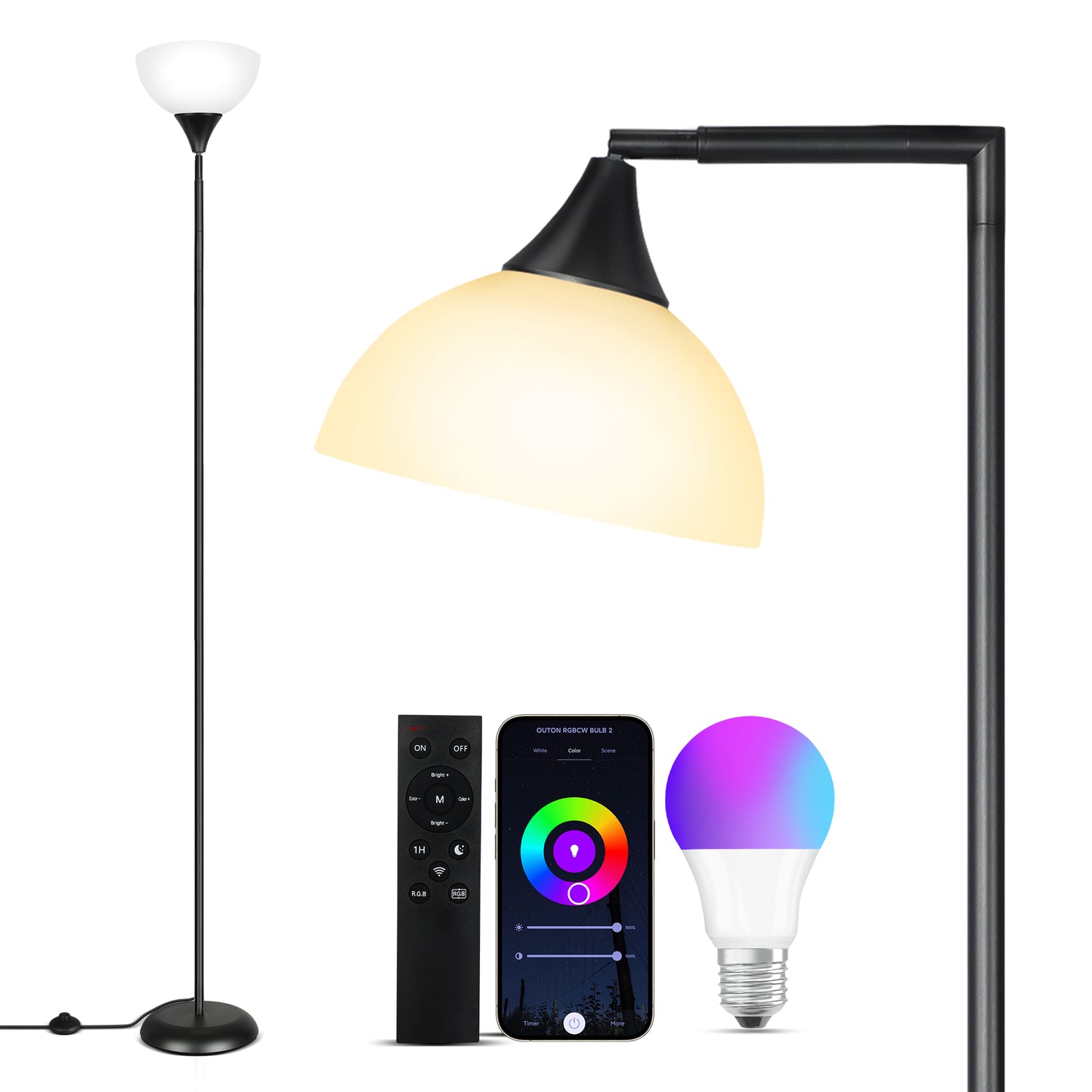 OUTON 72" 2-Light Modern Dimmable Black Torchiere Floor Lamp with Frosted Glass Dome
