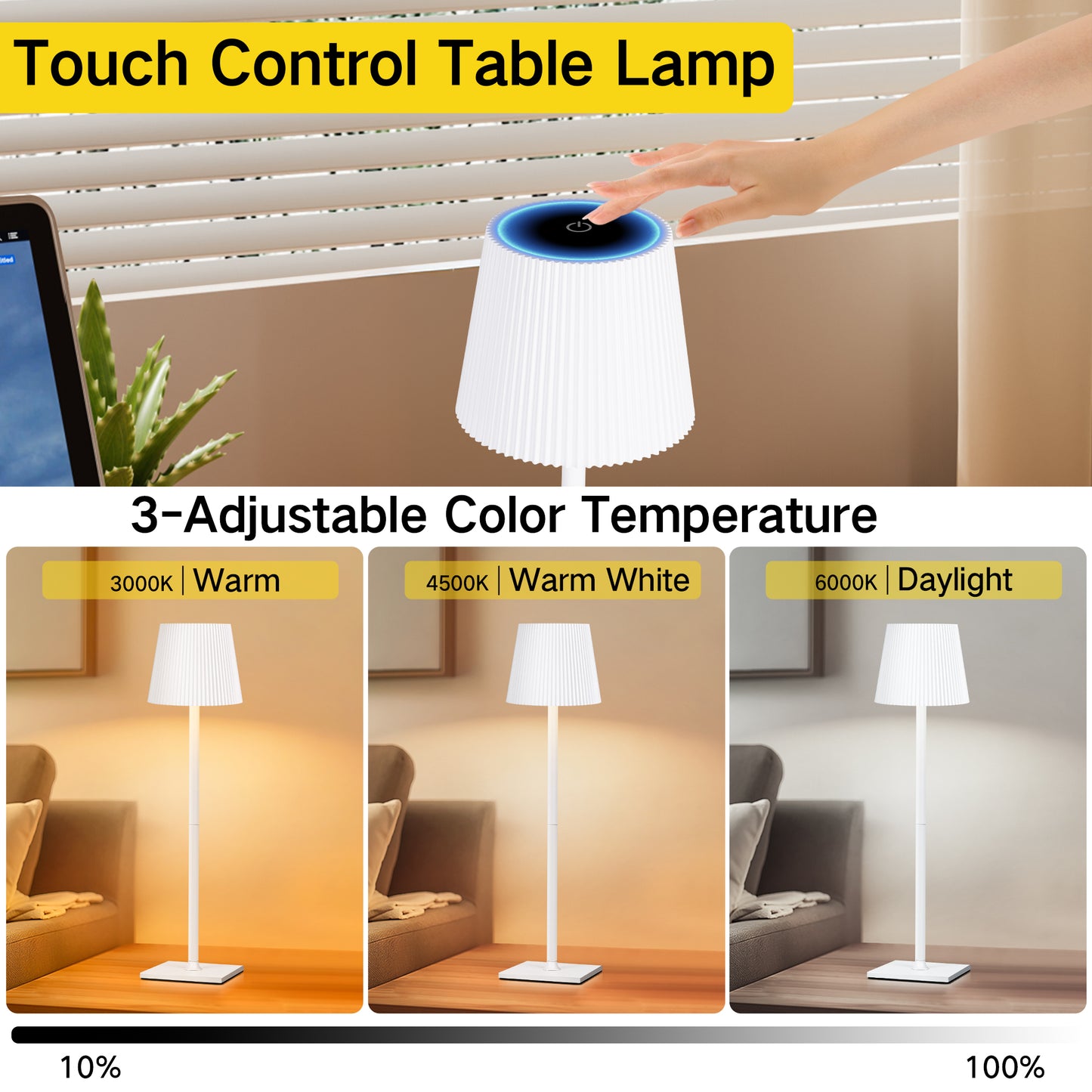 OUTON Touch Control Table Lamps for Living Room, 3-Way Dimmable Wireless Bedside Lamp 2 PC for Outdoor Restaurant Patio, White