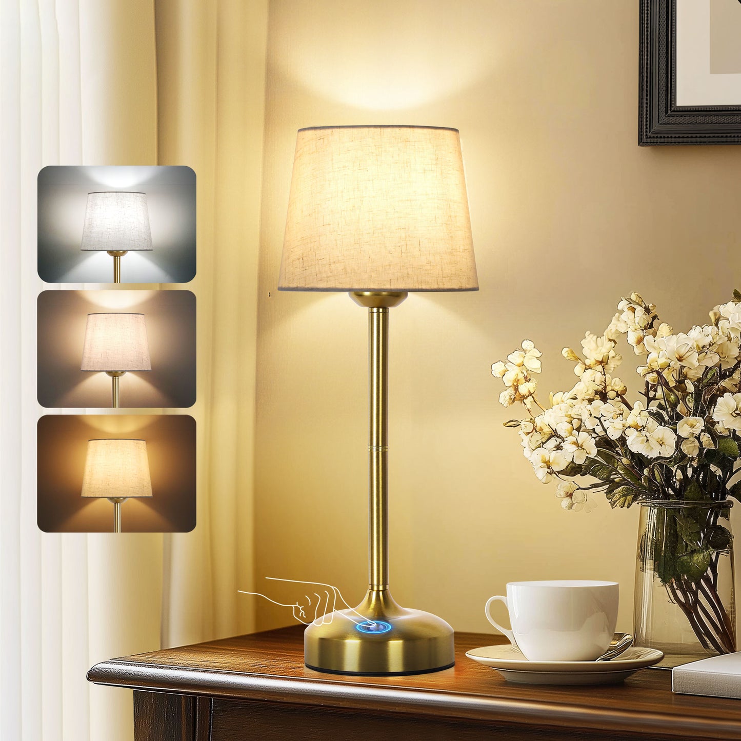 OUTON Table Lamp, Bedside Light, Touch Control Nightstand Lamp, 3-Way Dimmable lamps with Linen Fabric Shade for Bedroom Living Room