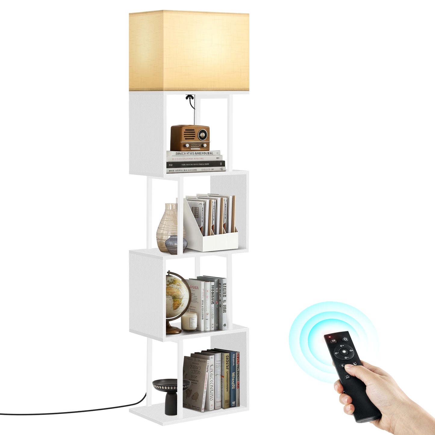 OUTONLIFE 4-Tier S Shape Floor Lamp with Shelves and Remote, Dimmable 3 Color Temperature Standing Lamp for Living Room Bedroom, Office, White