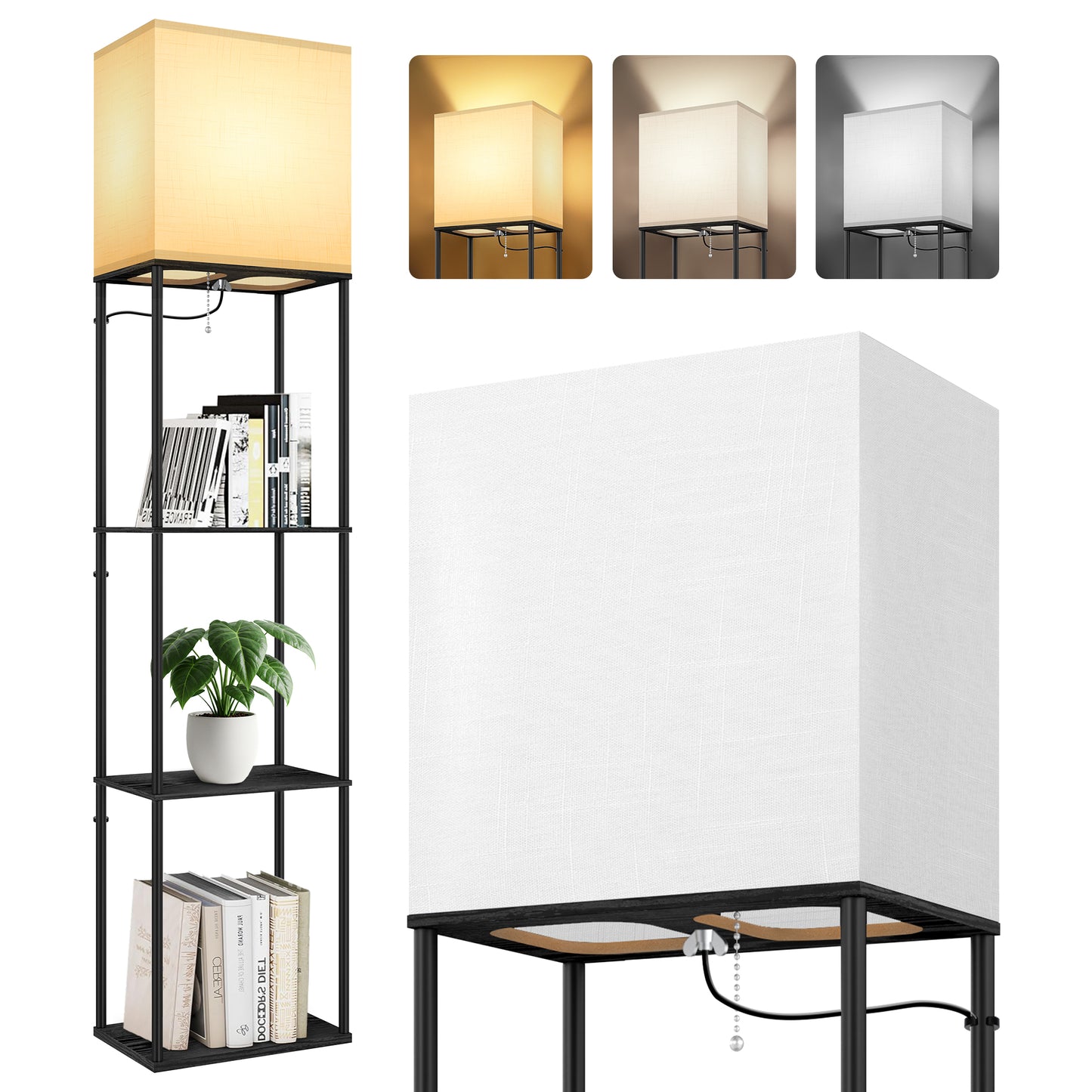 OUTON Floor Lamp with Shelves, 3 Color Temperature Standing Lamp with Linenshade for Living Room, Bedroom, Black