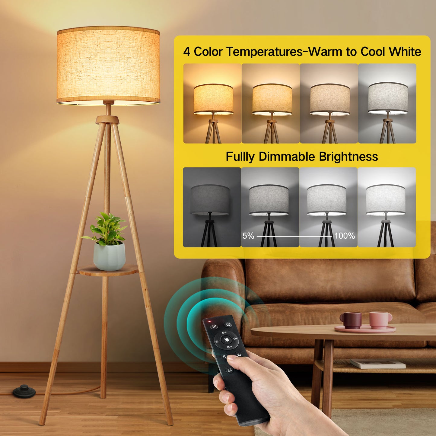 OUTON 63" Wood Tripod Floor Lamp with Remote Control, Dimmable Standing Lamps with Shelves, Modern LED Shelf Floor Lamp for Living Room, Wood