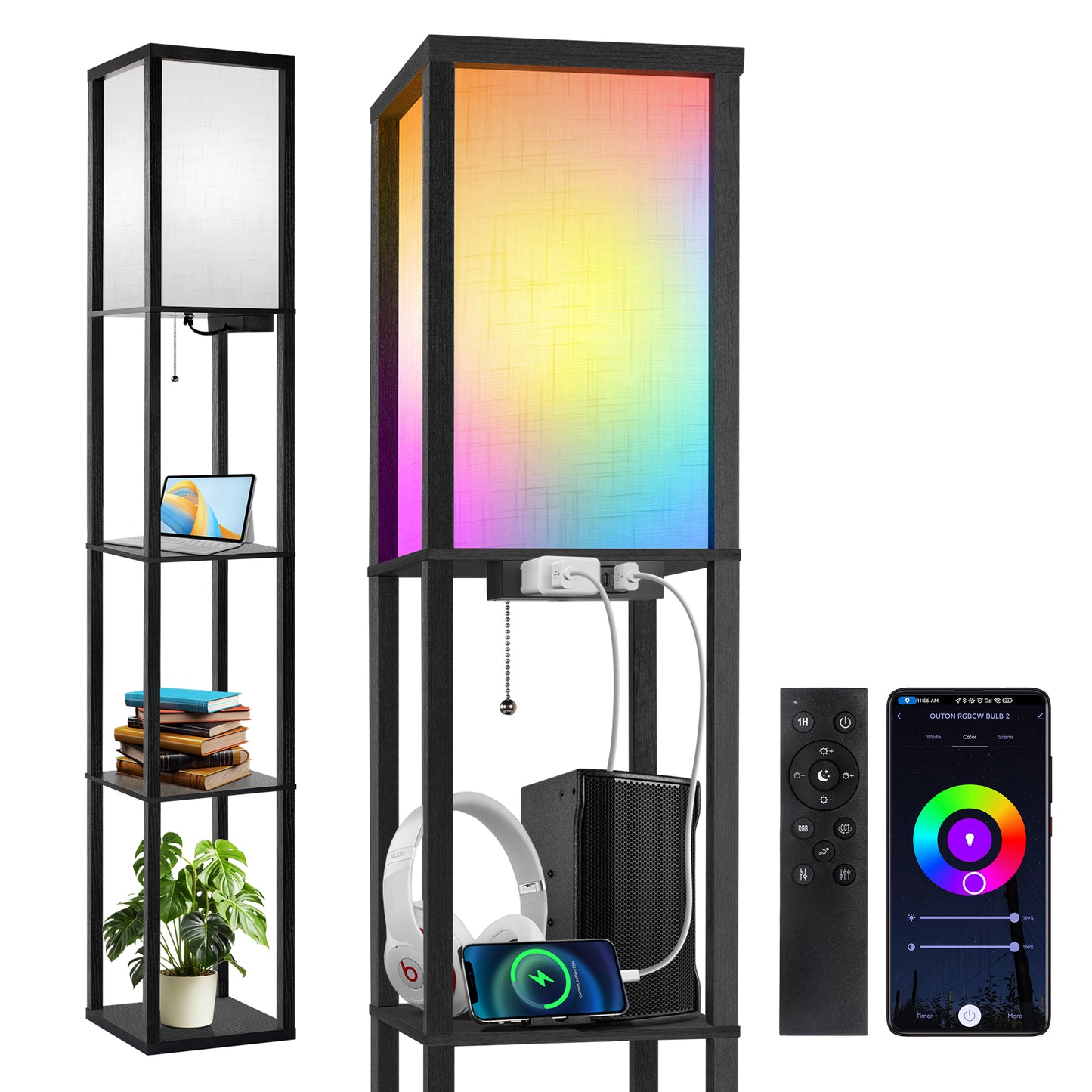 OUTON Floor Lamp with Shelves, RGB Lamp, USB Ports & Power Outlet, Remote, 63.7'' Standing Tall Wood Shelf Lamp for Living Room, Bedroom (Black)