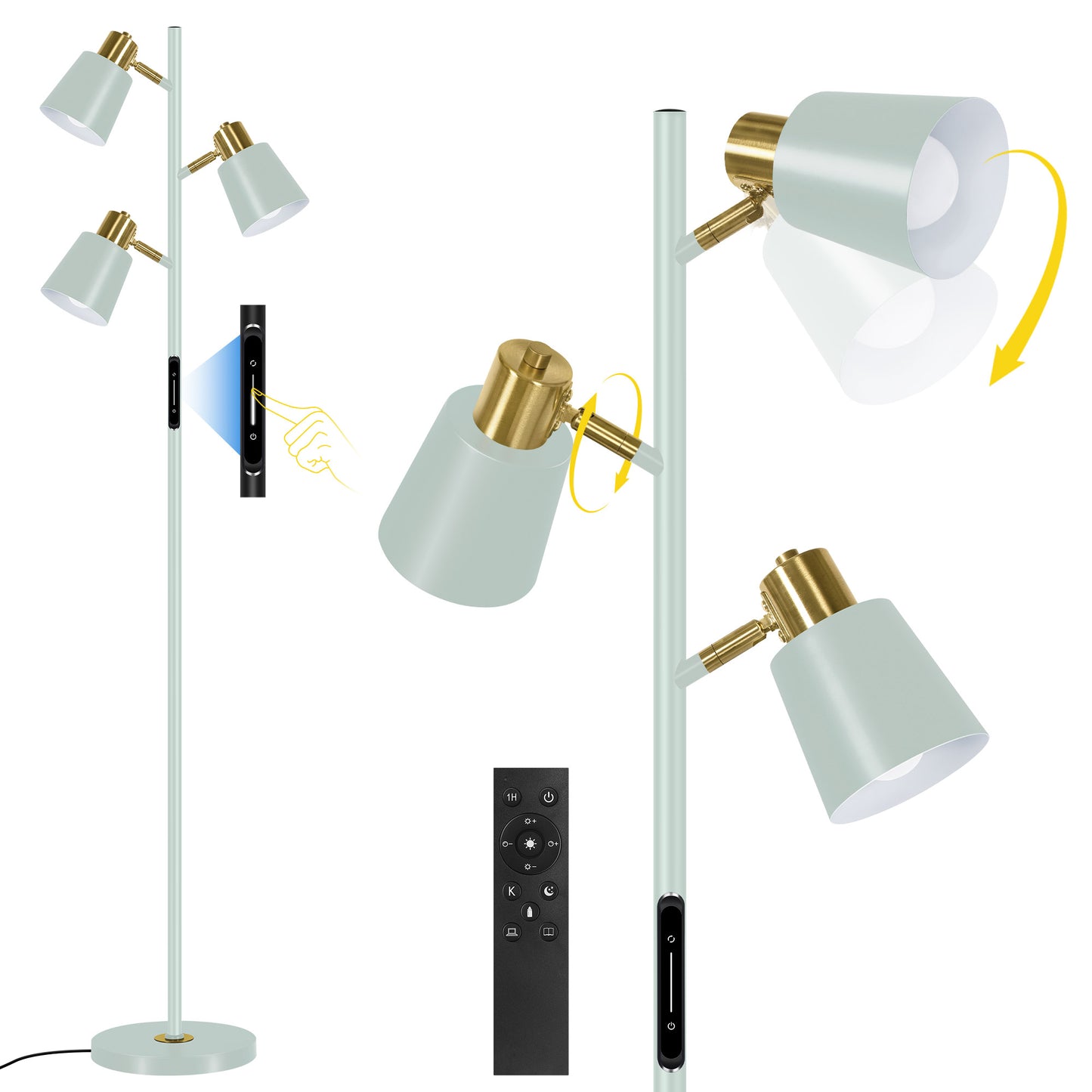 OUTON Tree Floor Lamp with 3 Adjustable Rotating Lights，Standing Tall Pole Lamps for Living Room, Bedroom, Home, Office-Green(Bulbs Included)
