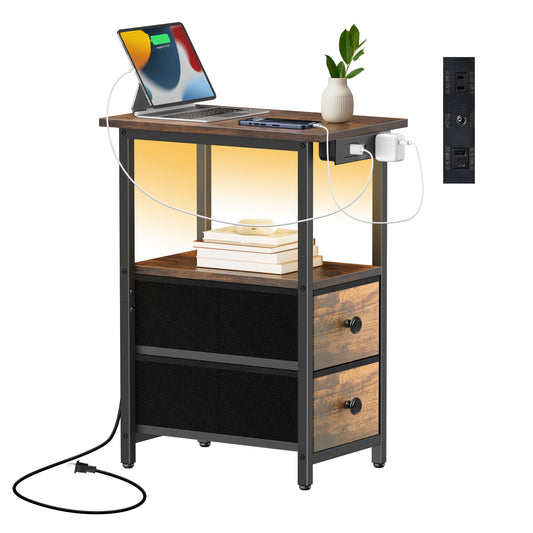 OUTONLIFE 3-Tier End Table with Drawers and Charging Station, Wooden Side Table with Storage Shelf and USB Ports& Power Outlets, Nightstand Sofa Table for Living Room, Bedroom, Office