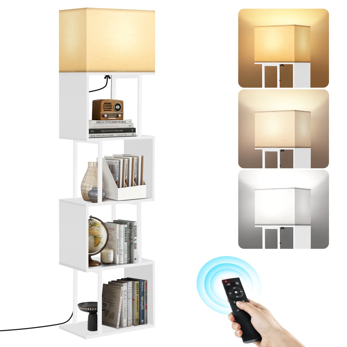 OUTONLIFE 4-Tier S Shape Floor Lamp with Shelves and Remote, Dimmable 3 Color Temperature Standing Lamp for Living Room Bedroom, Office, White