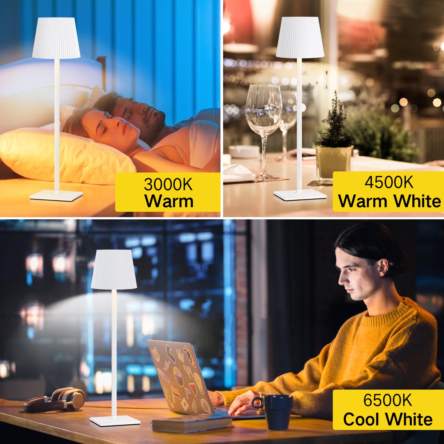 OUTON Touch Control Table Lamps for Living Room, 3-Way Dimmable Wireless Bedside Lamp 2 PC for Outdoor Restaurant Patio, White