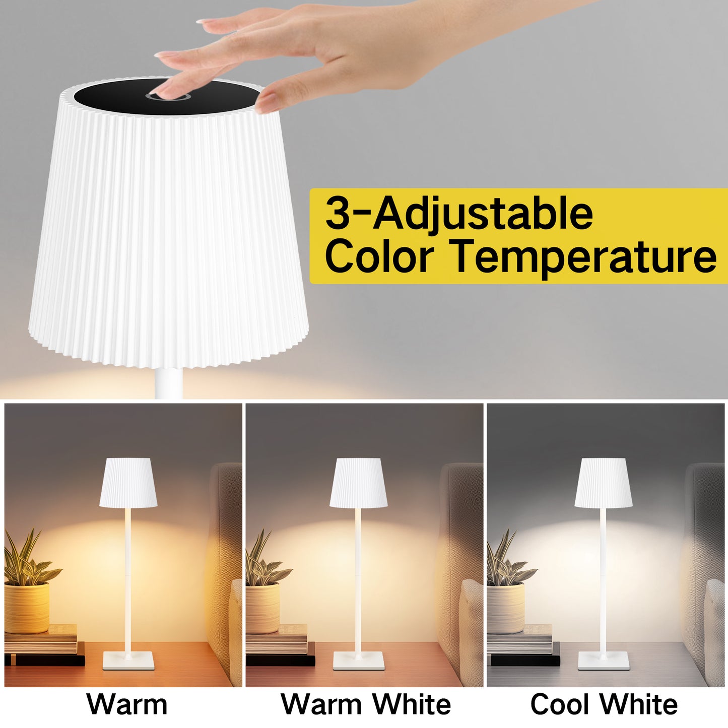 OUTON Touch Control Table Lamps for Living Room, 3-Way Dimmable Wireless Bedside Lamp 2 PC for Outdoor Restaurant Patio, White