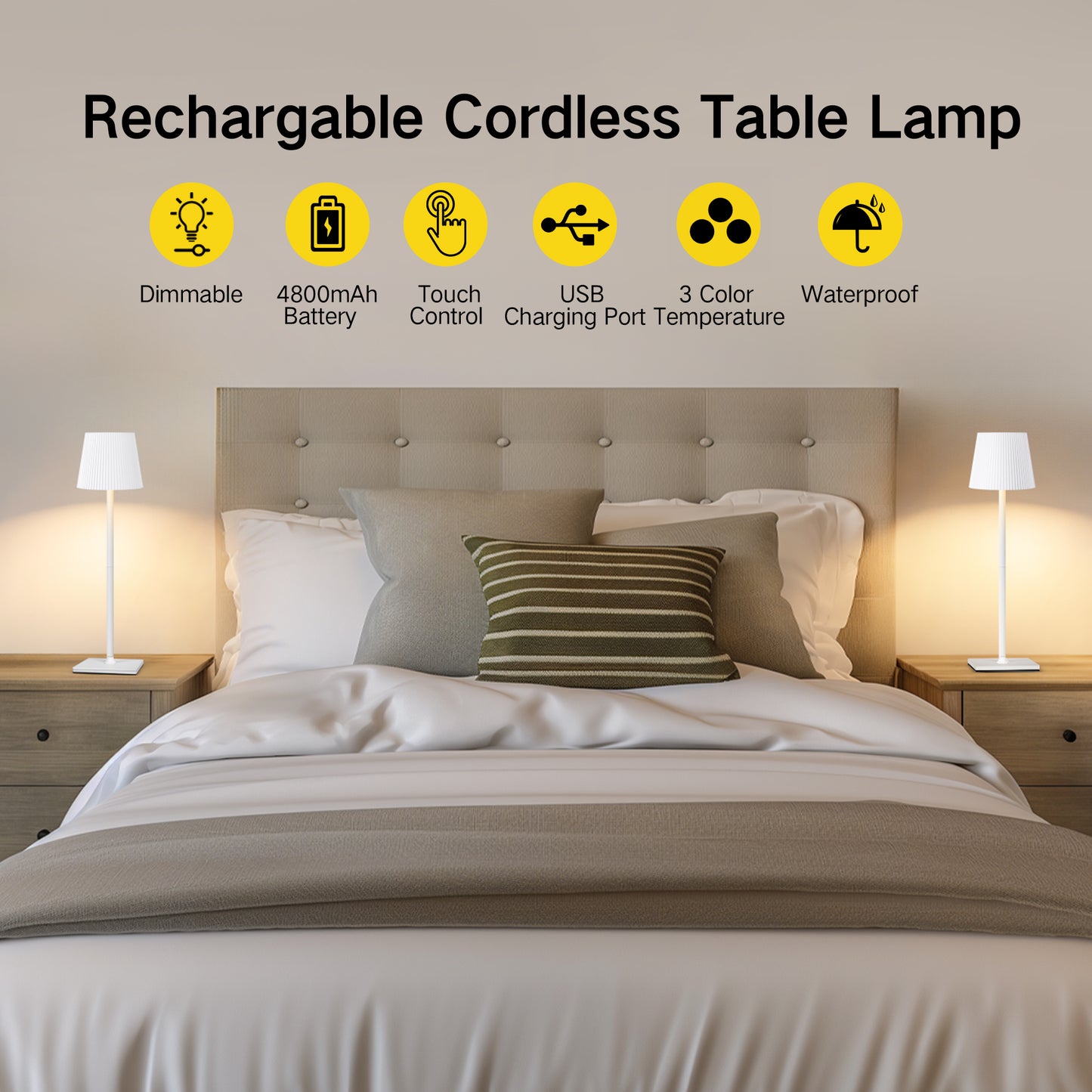 OUTON Touch Control Table Lamps for Living Room, 3-Way Dimmable Wireless Bedside Lamp 2 PC for Outdoor Restaurant Patio, White