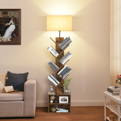 OUTONLIFE Floor Lamp with Remote,Tree Bookshelf with Light, 6-Tier Coner Bookcase with Drawer for Living Room Bedroom, Office, Brown
