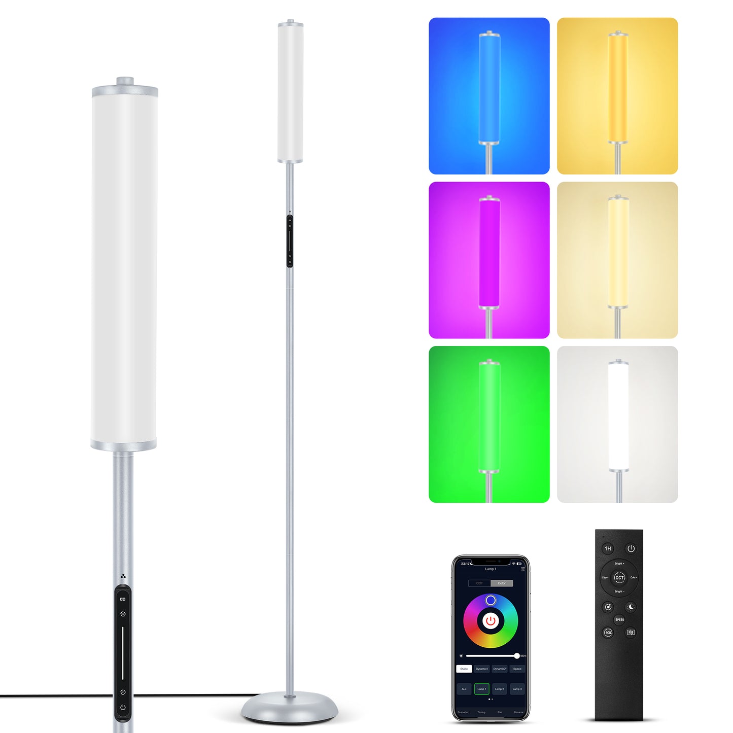 OUTON Bright LED Floor Lamp with Remote and APP Control, 1500LM 65" Tall Standing Lamp, Ambient Light, Music Sync, Modern Corner Lamps for Living Room, Bedroom, Grey