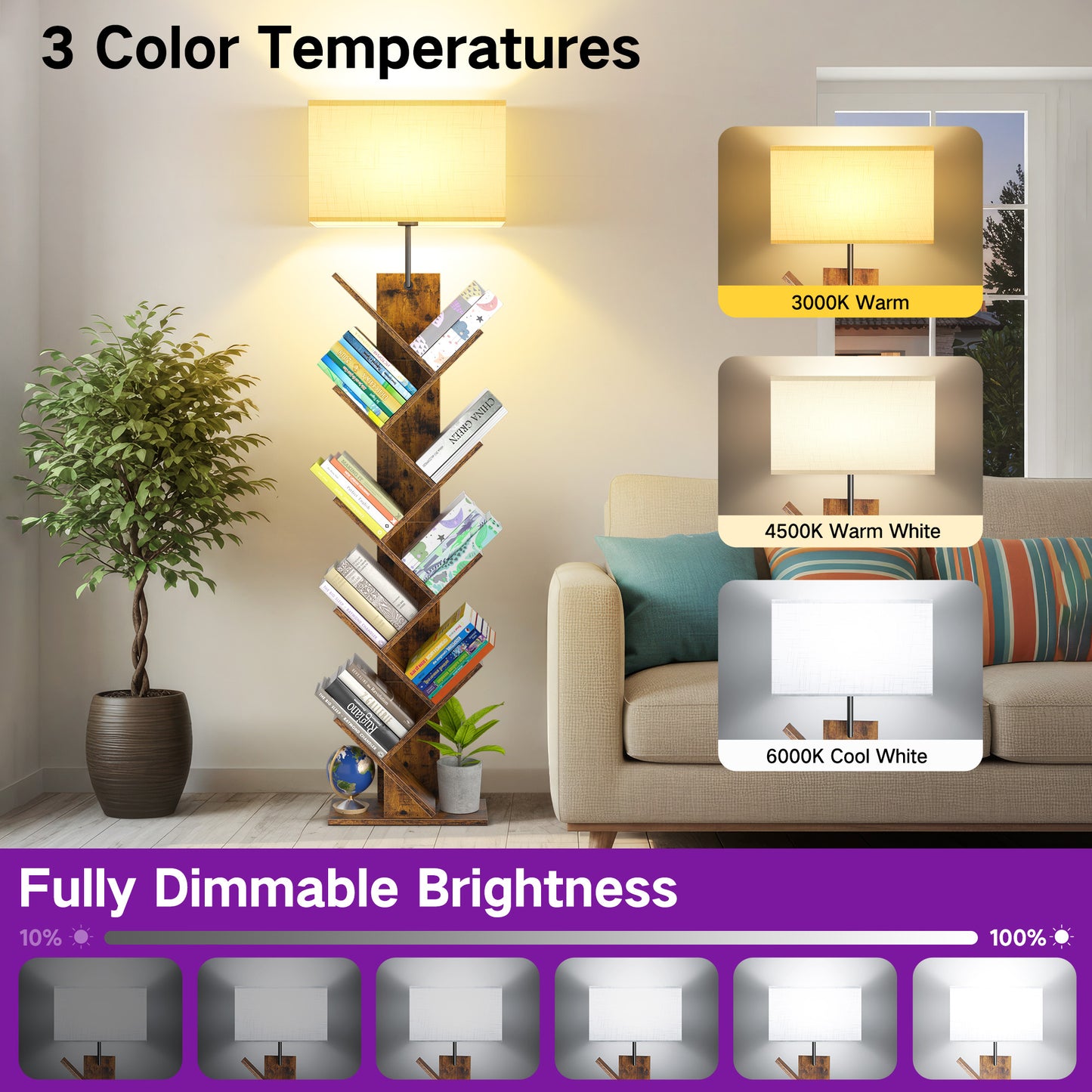 OUTONLIFE Floor Lamp with Remote,Tree Bookshelf with Light, 9-Tier Floor Standing Bookcase for Living Room Bedroom, Office, Brown