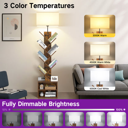 OUTONLIFE Floor Lamp with Remote,Tree Bookshelf with Light, 6-Tier Coner Bookcase with Drawer for Living Room Bedroom, Office, Brown