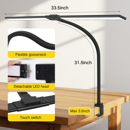 OUTON Led Desk Lamps for Office with Clamp, 360 Adjustable Eye Office Desk Lamps, Dimming Adjustable Double Head Desk Lamp for Working Reading Study , Black