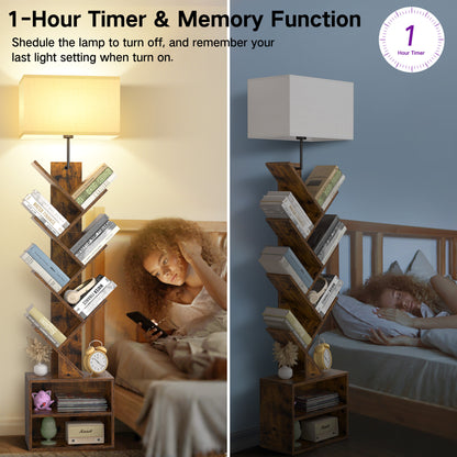 OUTONLIFE Floor Lamp with Remote,Tree Bookshelf with Light, 6-Tier Coner Bookcase with Drawer for Living Room Bedroom, Office, Brown