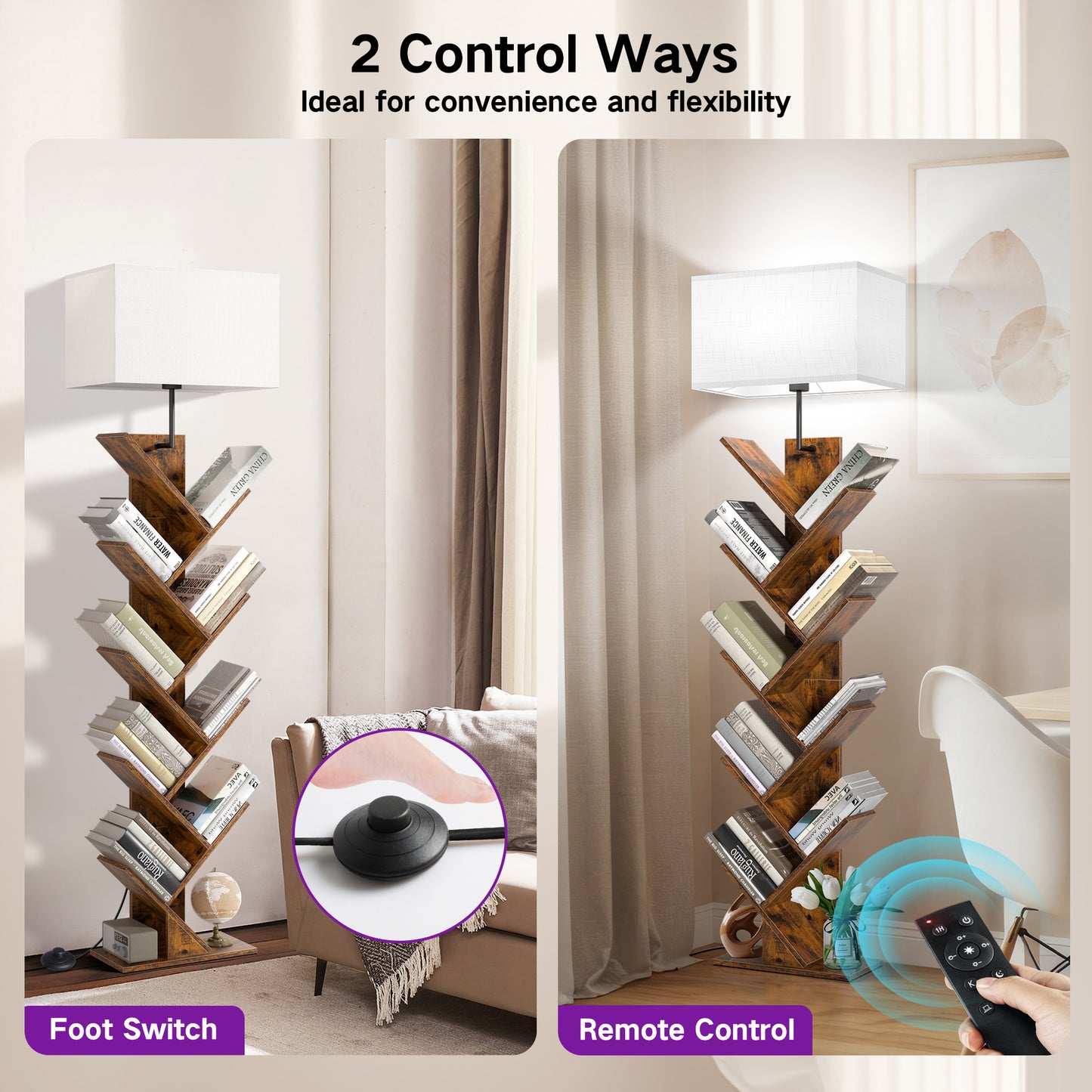 OUTONLIFE Floor Lamp with Remote,Tree Bookshelf with Light, 9-Tier Floor Standing Bookcase for Living Room Bedroom, Office, Walnut