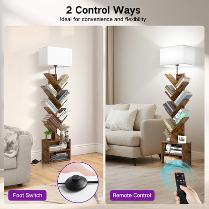 OUTONLIFE Floor Lamp with Remote,Tree Bookshelf with Light, 6-Tier Coner Bookcase with Drawer for Living Room Bedroom, Office, Brown