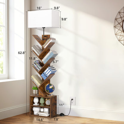 OUTONLIFE Floor Lamp with Remote,Tree Bookshelf with Light, 6-Tier Coner Bookcase with Drawer for Living Room Bedroom, Office, Brown