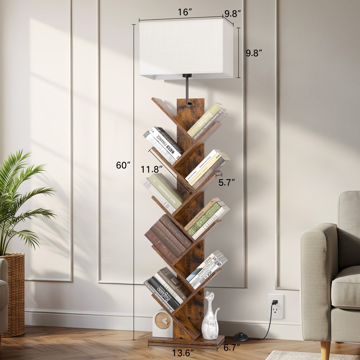 OUTONLIFE Floor Lamp with Remote,Tree Bookshelf with Light, 9-Tier Floor Standing Bookcase for Living Room Bedroom, Office, Brown