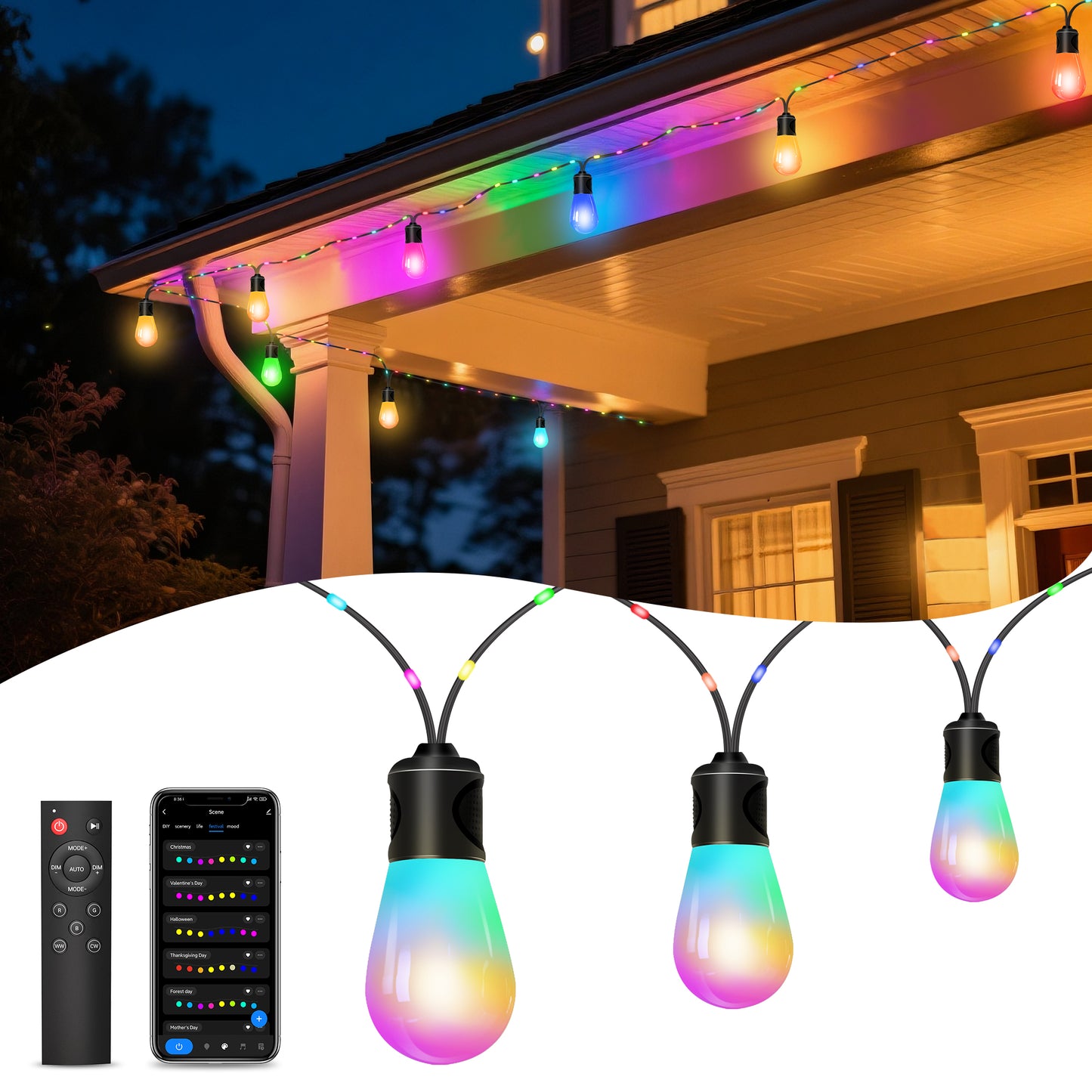 OUTON Smart Outdoor String Lights, 45FT Outdoor Lights with 12 Dimmable Warm White LED Bulbs, WiFi Patio Lights Work with APP Control & Remote