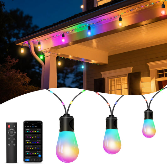 OUTON Smart Outdoor String Lights, 45FT Outdoor Lights with 12 Dimmable Warm White LED Bulbs, WiFi Patio Lights Work with APP Control & Remote