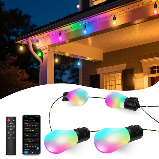 Outon Outdoor String Lights, 45FT Smart RGBIC Patio Lights with 12 Bulbs for Christmas Halloween Decorations, WiFi Patio Lights with Remote & App Control, LED Lights for Outdoor Lighting & Backyard