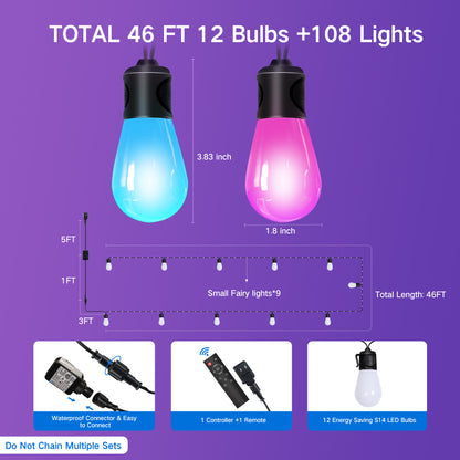OUTON Smart Outdoor String Lights, 45FT Outdoor Lights with 12 Dimmable Warm White LED Bulbs, WiFi Patio Lights Work with APP Control & Remote