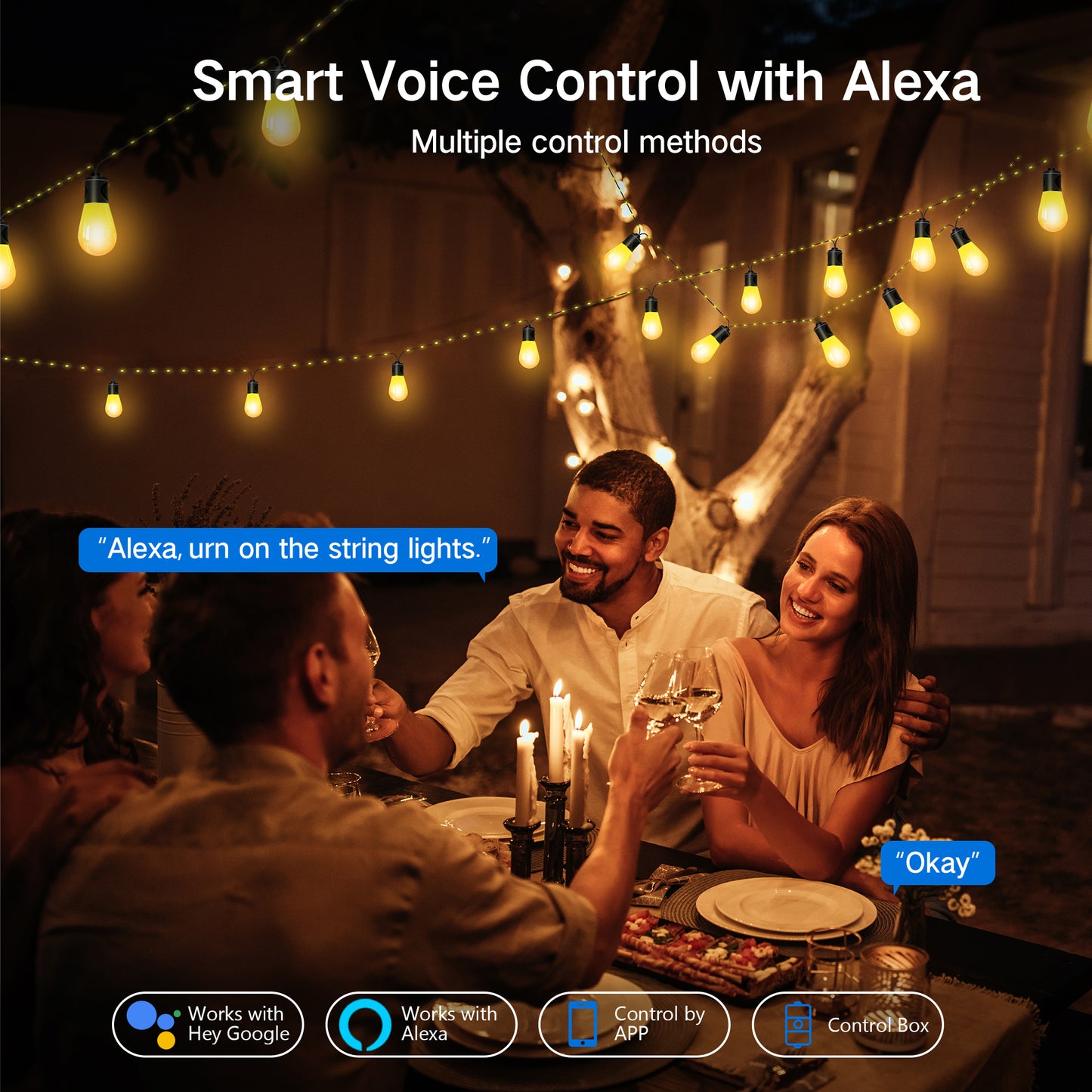 OUTON Smart Outdoor String Lights, 45FT Outdoor Lights with 12 Dimmable Warm White LED Bulbs, WiFi Patio Lights Work with APP Control & Remote