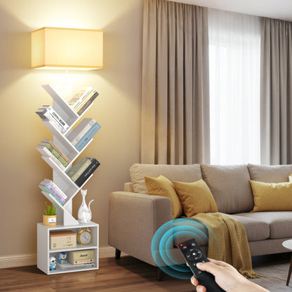 OUTONLIFE Floor Lamp with Remote,Tree Bookshelf with Light, 6-Tier Coner Bookcase with Drawer for Living Room Bedroom, Office, White