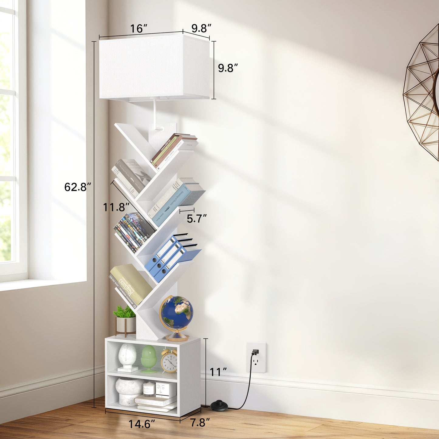 OUTONLIFE Floor Lamp with Remote,Tree Bookshelf with Light, 6-Tier Coner Bookcase with Drawer for Living Room Bedroom, Office, White