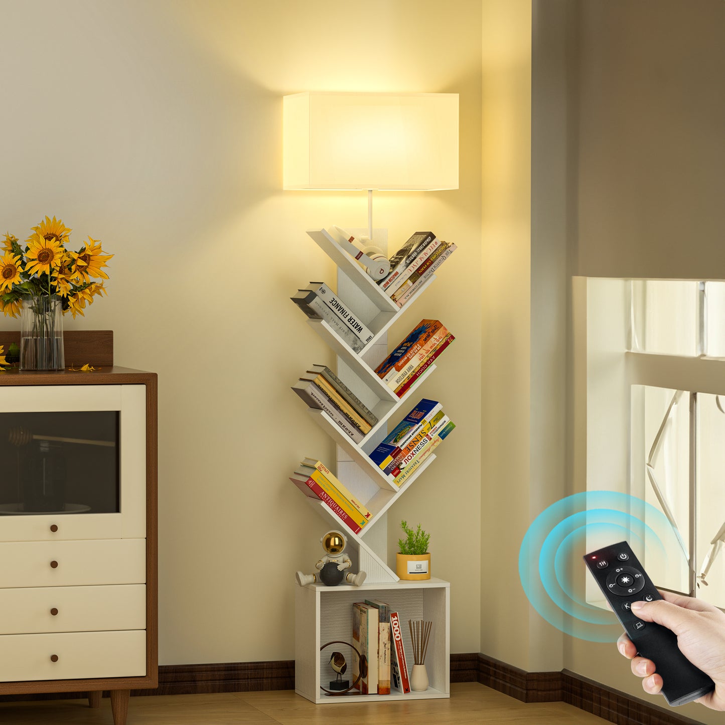 OUTONLIFE Floor Lamp with Remote,Tree Bookshelf with Light, 6-Tier Coner Bookcase with Drawer for Living Room Bedroom, Office, White
