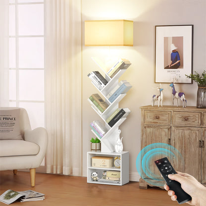 OUTONLIFE Floor Lamp with Remote,Tree Bookshelf with Light, 6-Tier Coner Bookcase with Drawer for Living Room Bedroom, Office, White